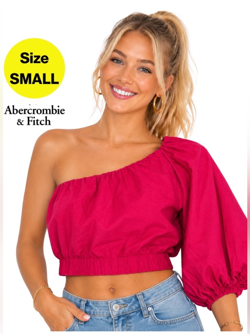 Abercrombie & Fitch One-Shoulder Linen Cotton Blend Magenta Crop Top Size S NWT
